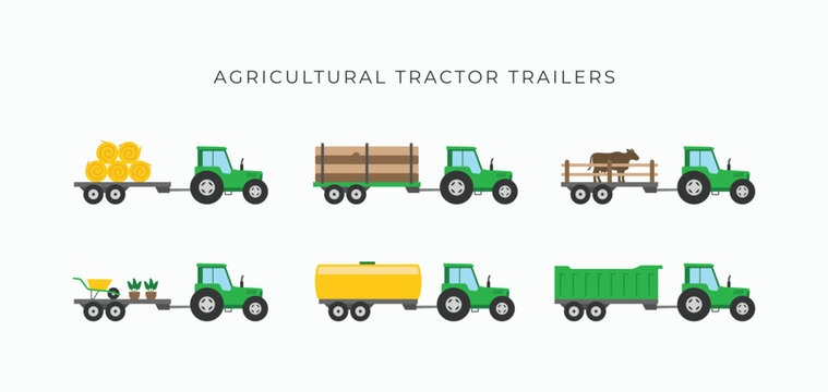 Collections of agricultural tractor trailer simple flat colorful icons. Farm tractor pulling trailer symbol logo icon set vector illustration