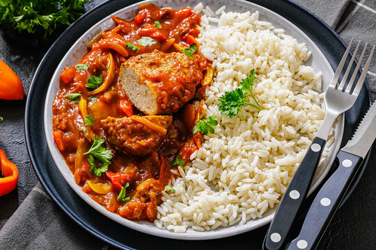 American Style Meatloaf Patty with Sauce and rice