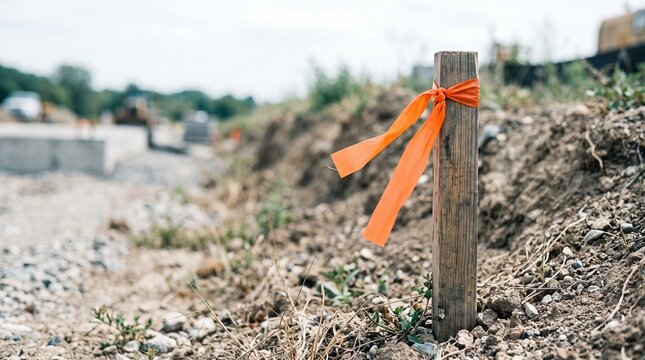 Survey stake marked with orange ribbon in construction area  