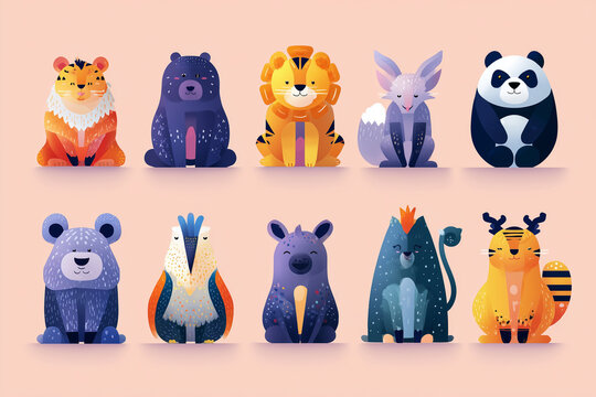 Stylized symmetrical animal illustrations in warm tones