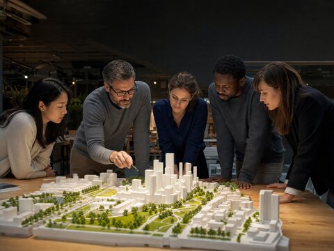 Team Reviewing Green City Architecture Model in Design Studio
