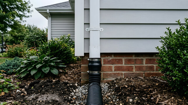 Residential gutter downspout drainage system|Exterior house maintenance for water runoff|Home foundation protection from rain water|Black flexible drain pipe connection