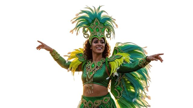 Smiling Brazilian Samba Dancer in Green Feathered Costume