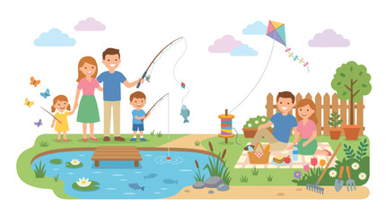 Naklejka premium A happy family enjoys various outdoor activities like fishing by a pond, having a picnic, and flying a kite in a beautiful green park setting.