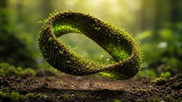 Moss Covered Infinity Loop Floating In Forest With Golden Light
