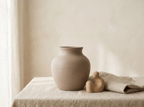 Minimalist ceramic vase on a linen table. Neutral home decor with beige clay pottery.