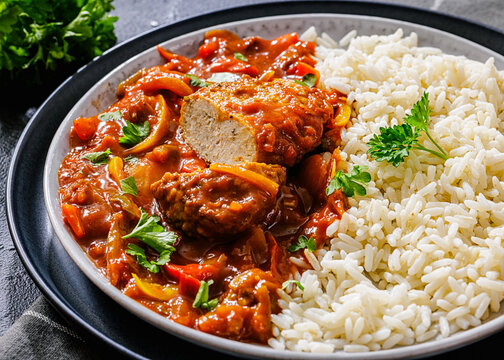 German Frikadelle in Sweet Pepper Lecho With Rice