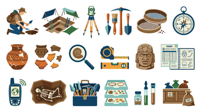 Flat Style Archaeology Icons: Excavation Tools, Artifacts, and Discovery