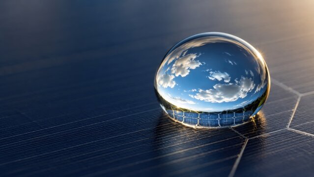 Water Droplet Reflecting Sky on Solar Panel Surface Macro