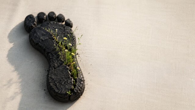 Carbon Footprint Shape Made of Coal with Flowers Growing