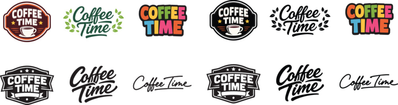 Coffee Time logo collection featuring creative typography, badge, and emblem designs in colorful styles for caf&eacute;, beverage, and morning branding flat vector illustration