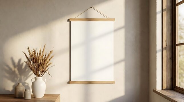 Minimalist living room interior featuring an 11x17 poster mockup hanging on a beige wall next to a dried flower vase and natural wooden window frame