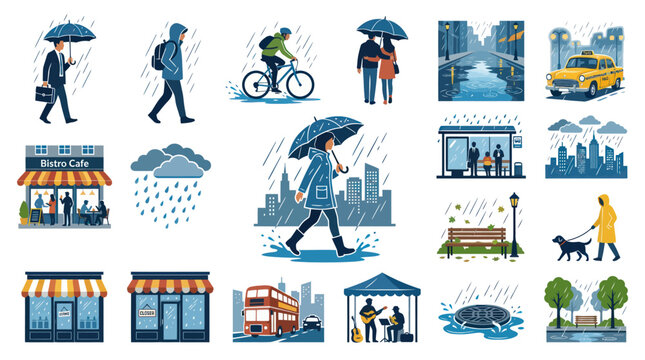 Rainy Day City Life Vector Icons: People, Transport, Buildings, Umbrellas