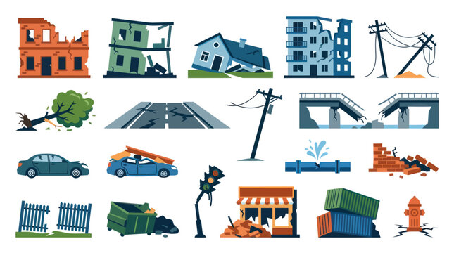 Natural Disaster Damage Icons: Destroyed Buildings, Roads, Cars, Bridge, Utility Poles
