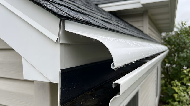 gutter guard installation for leaf protection | modern residential gutter system with leaf guards | white aluminum gutter helmets on house roof | rain gutter protection system for home maintenance