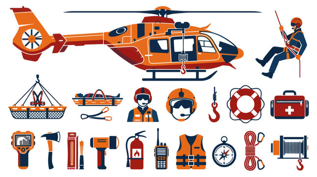 Search and Rescue Emergency Services Flat Icons Vector Set. Disaster Relief Helicopter and Equipment Collection.