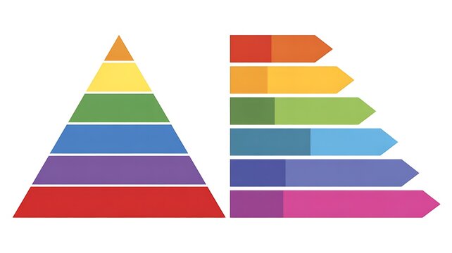 Colorful pyramid chart and horizontal chevron arrow infographic diagram vector template