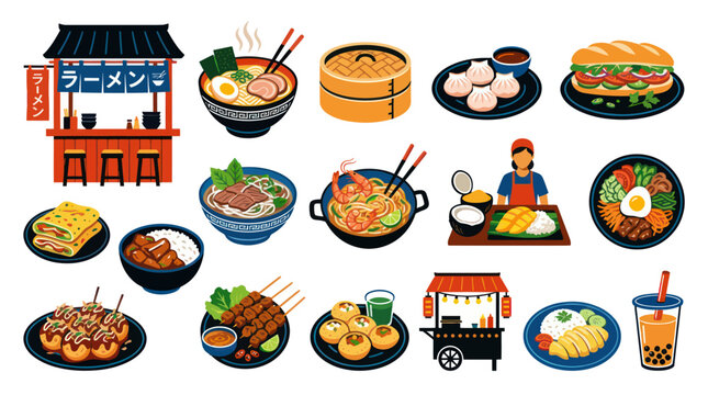 Asian Food Stall and Dishes Vector Illustration - Flat Design