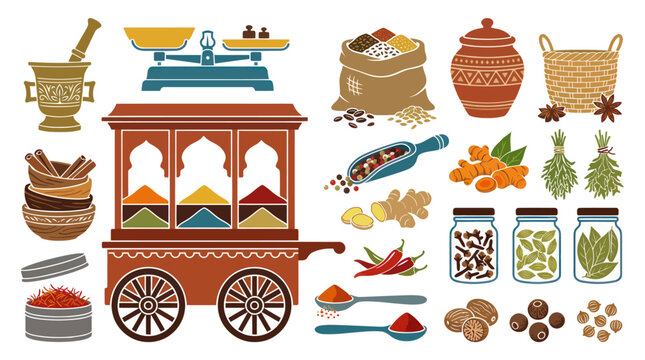 Indian Spices Market Food Cuisine Flat Vector Illustration Set with Traditional Cart  Ingredients