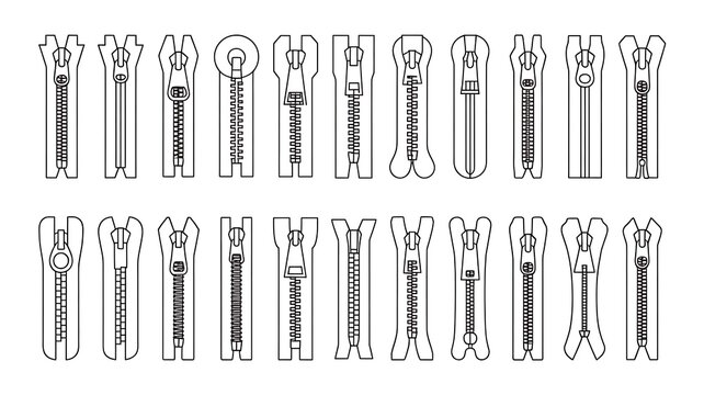 Zipper sliders line icon set with open and closed zip fasteners technical vector illustration
