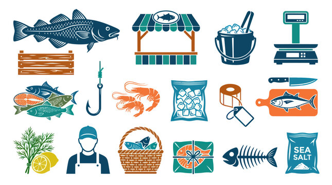 Seafood Market Flat Icons: Fish, Shrimp, Fisher, and Grocery Icons