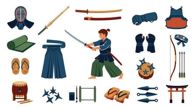 Japanese Martial Arts  Culture Flat Vector Set: Kendo, Samurai, Ninja Equipment  Traditional Items