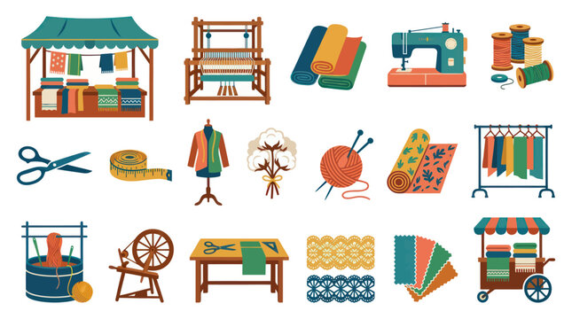 Flat Design Textile and Craft Industry Set with Weaving, Sewing, Knitting Tools, Fabric, and Market Elements