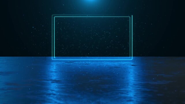 Glowing blue product frame visual with cyan rectangular outline, reflective surface, soft particle depth. tech showcases, virtual banners, app title screens, presentation clips, and motion graphics.