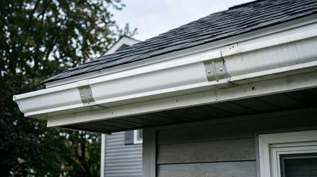 residential gutter repair and installation | aluminum roof drainage system maintenance | white seamless gutters on asphalt shingles | house exterior home improvement project