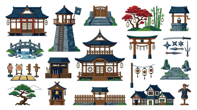 Japanese Culture Vector Cartoon Illustration Set of Traditional Buildings, Landmarks, Weapons, and Elements
