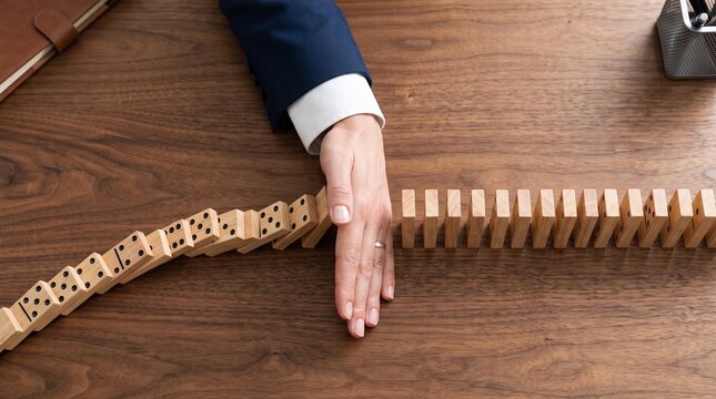 Businessman hand stopping domino effect on wooden desk, risk management and crisis prevention concept, professional intervention to stop falling dominoes