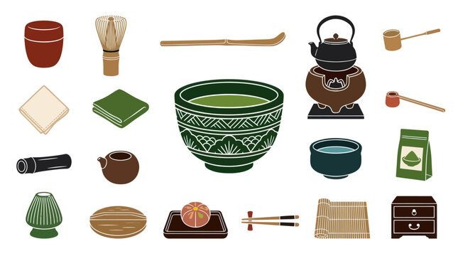 Flat Vector Illustration of Traditional Japanese Matcha Tea Ceremony Icons and Tools Set