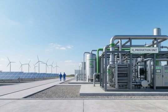 Engineers Walking Past Green Hydrogen Production Facility With Turbines
