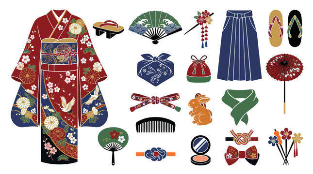 Traditional Japanese Kimono and Cultural Accessories Flat Vector Illustration Set