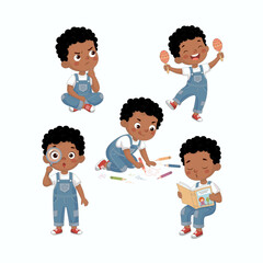 Collection of cute child characters expressing different emotions and activities. African American boy reading, drawing, playing maracas, exploring with a magnifying glass, and thinking. Cartoon