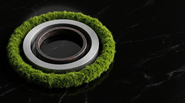 Metal Ring Wrapped In Green Moss On Reflective Dark Surface