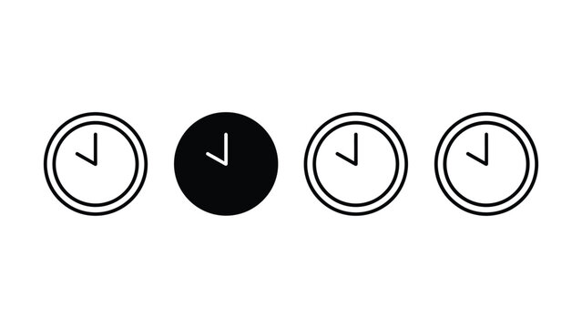 Simple black and white clock icons in a row on transparent background