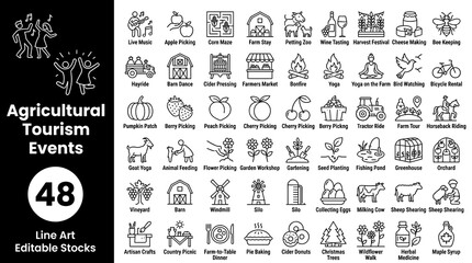 Obraz premium Large Rural Harvest Festival and Agritourism Lifestyle Icon Set in Refined Minimal Outline Vector Illustration