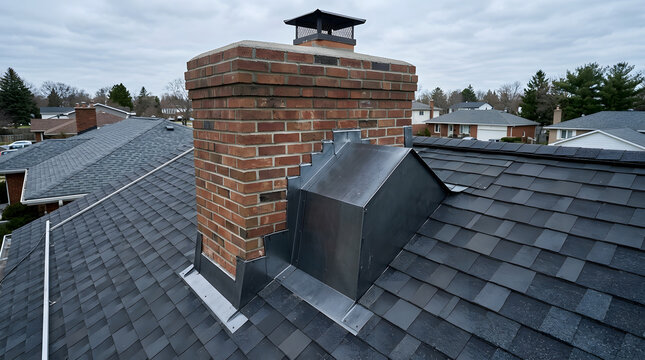 residential brick chimney metal flashing | asphalt shingle roof maintenance | chimney cricket installation details | suburban roofing repair services | waterproof chimney flashing system