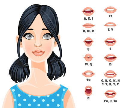 Cute brunette girl with pony tails talking mouth animation. Female character speak mouths expressions