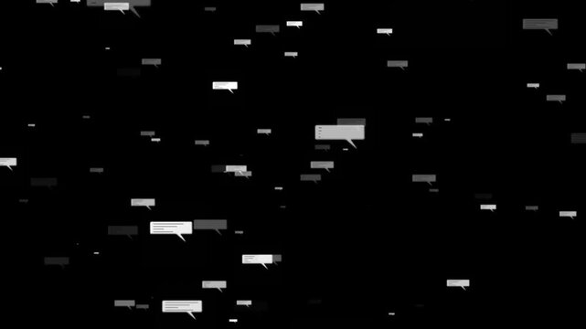 Dark messaging icons motion visual floating speech bubbles, soft grayscale depth, empty black background. social videos, chat apps, support promos, comment overlays, communication motion graphics.