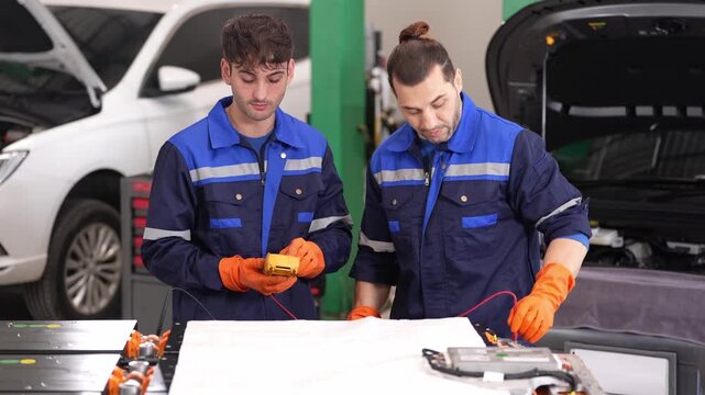 Auto mechanic vehicle repair car battery diagnostic test with multimeter in workshop, technician maintenance team testing high voltage battery pack wiring on electric vehicle service bench