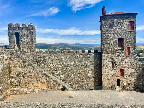 Castle and medieval stone towers with crenellated walls in Bragan&ccedil;a, Portugal, landscape view