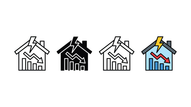Four colored line icons of house with falling graph and lightning  business concept