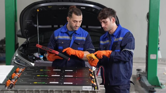 Technician mechanic electric vehicle battery pack diagnostic multimeter repair workshop maintenance inspection, male workers in garage testing voltage cells and module with tablet for safety