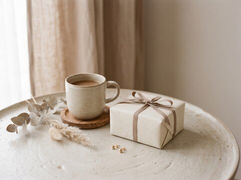 Coffee cup and gift box on table. Minimalist aesthetic with neutral beige decor.