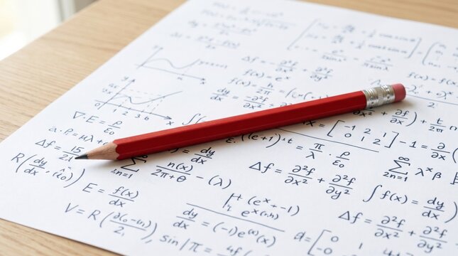 A red pencil resting on a sheet filled with complex mathematical equations and graphs on a wooden surface.