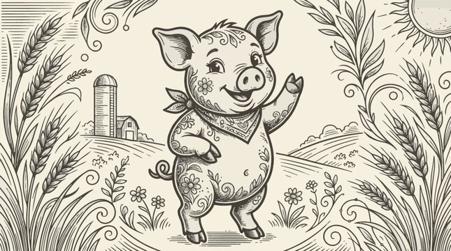 Vintage engraving style illustration of a happy cartoon pig with floral patterns standing in a wheat field on a farm with a barn silo and sun in the background.