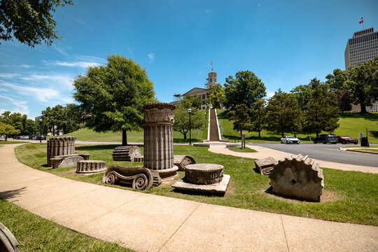 Nashville, Tennessee - June 5, 2026: Greek Revival columns of the Tennessee State Capitol in Nashville, Tennessee, USA.