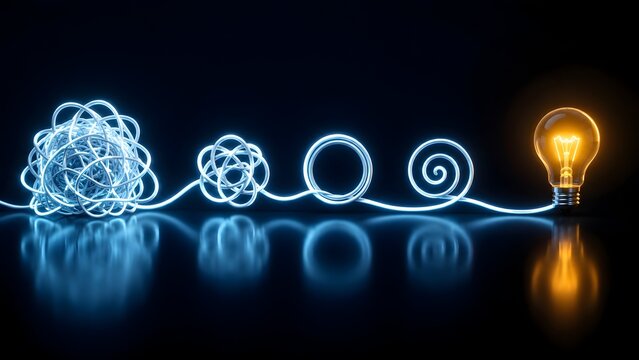 Tangled glowing blue wire unraveling to a bright lightbulb on a dark background representing technological innovation and digital problem solving